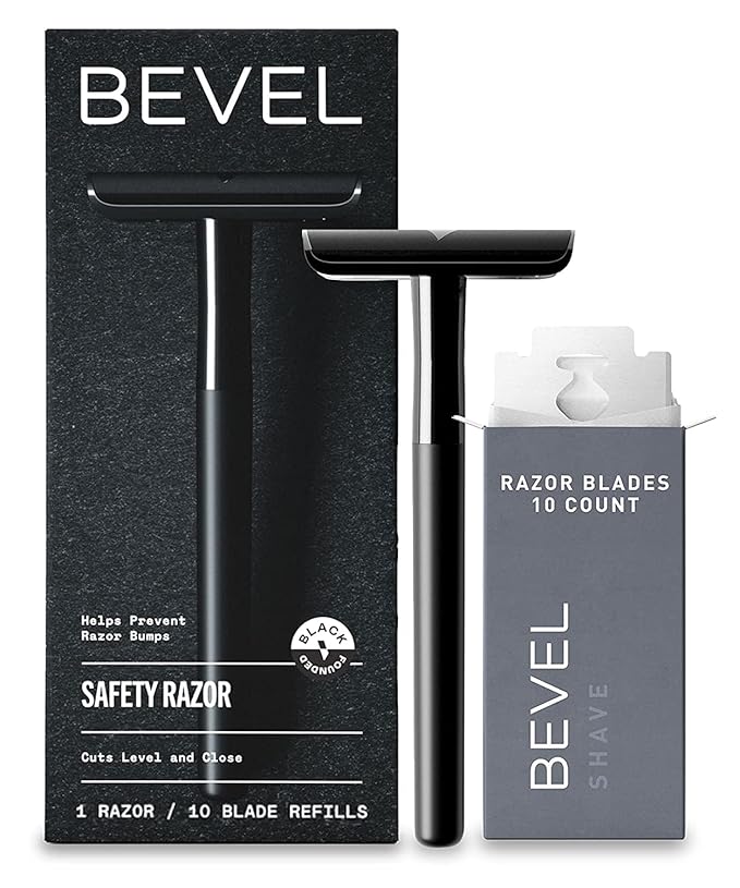 Bevel Safety Razor with Brass Weighted Handle and 10 Double Edge Safety Razor Blade Refills, Single Blade Razor for Men, Designed for Coarse Hair to Prevent Razor Bumps, Black