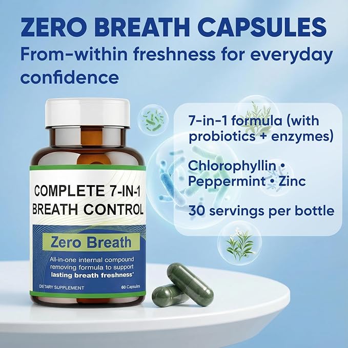 Zero Breath Capsules, Zero Breath 7 in 1 Bad Breath Solution with Organic Chlorophyllin, Natural Mint Extract, Magnesium Citrate and More