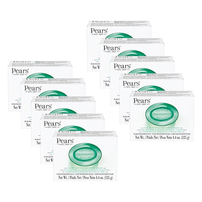 Pears Pure and Gentle with Glycerin and Lemon Flower Extracts - Transparent Soap Bar for Radiant Skin - Bar Soap for Women and Men - Green - 10 pc