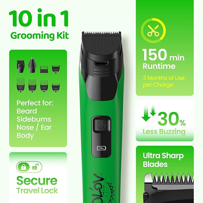 Electric Beard Trimmer for Men,Nose Hair Trimmer & Electric Razor 10-in-1 Grooming Kit Cordless Shaver Gift-Ready for Men(Green)
