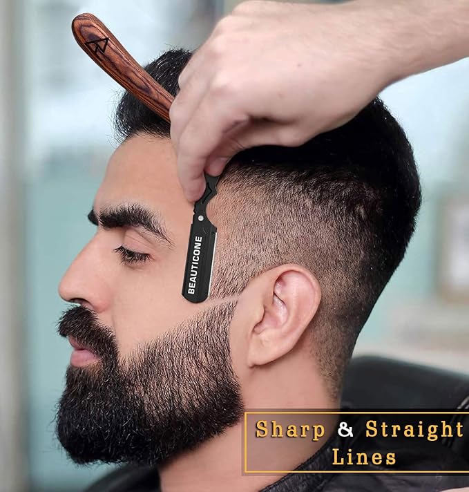 BEAUTICONE Straight Razors for Men, Straight Edge Razor, 100 Single Edge Blades, Stainless Steel, Barber Razor for Men's Shaving, Barber Shaving Knife, Wooden, Swinglock