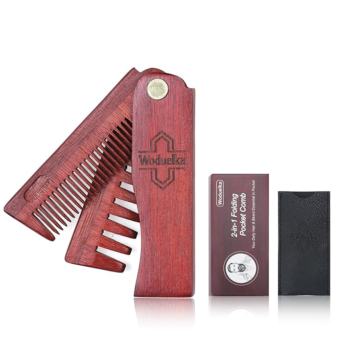 2 In 1 Folding Pocket Comb - Wooden Beard & Hair Styling Tool for Men, Fine Tooth & Wide Tooth Small Comb for Grooming Hair, Beards and Mustache, 180° Rotatable for Outdoor Travel & Home Use