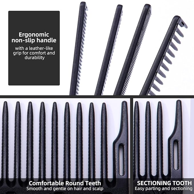 PERFEHAIR 2-Pack Professional Round Tooth Hair Cutting Comb - 9 Inch, Black Carbon Fiber Anti-Static & Heat Resistant, Durable Barber Combs with Fine & Wide Tooth for Precise Haircut for Men & Women