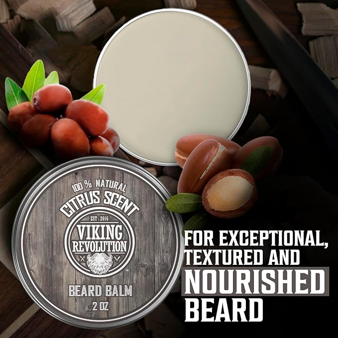 Viking Revolution BEST DEAL Beard Balm with Argan Oil & Mango Butter - Styles, Strengthens & Softens Beards & Mustaches - Citrus Scent Leave in Conditioner Wax for Men