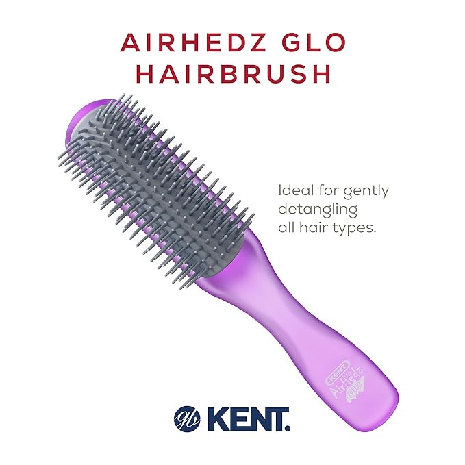 Kent AHGLO01 Airhedz Glo Purple Half Round Narrow Detangling Hair Brush - 9 Row Ionic Anti Static Non Scratch Long Nylon Bristle Great for Detangling and Smoothing Medium to Long Length Hair