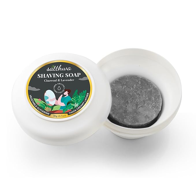 Satthwa Organic Shaving Soap Puck infused with Charcoal & Lavender | Create the Perfect Lather | Excellent for Silky Smooth Shaves | Cleansing & Nourishing, 50g (1.7oz)