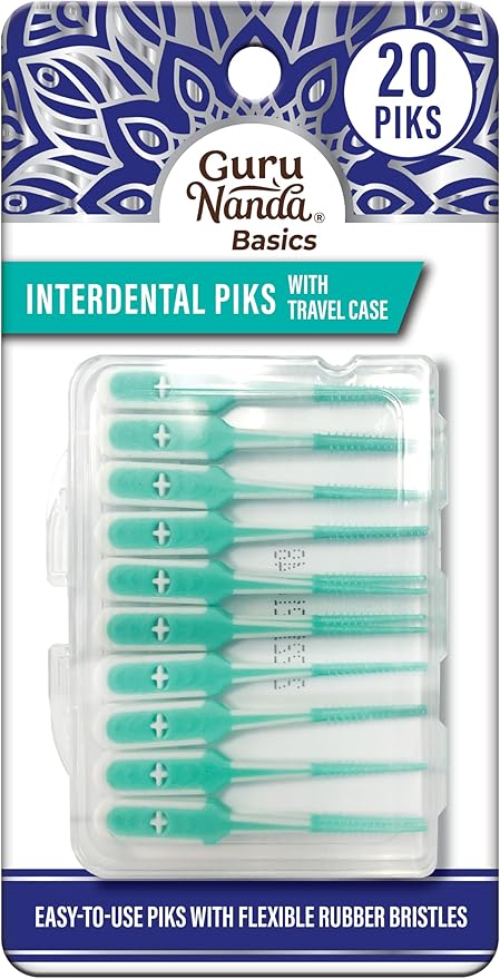 GuruNanda Interdental Picks with Travel Case - Floss Tooth Pick for Teeth Cleaning - Flexible Rubber Bristles - 20 Picks