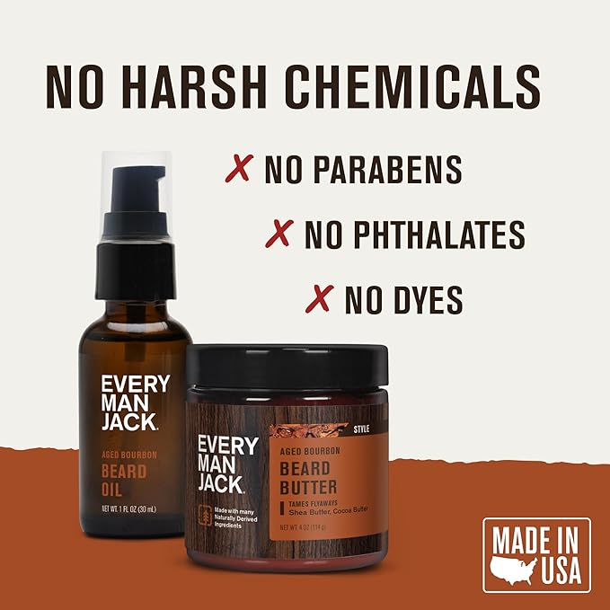 Every Man Jack Beard Oil & Scruff Softening Butter Bundle - Aged Bourbon Fragrance - Rejuvenates, Hydrates & Styles Dry Beards - Naturally Derived with Cocoa Butter and Shea Butter
