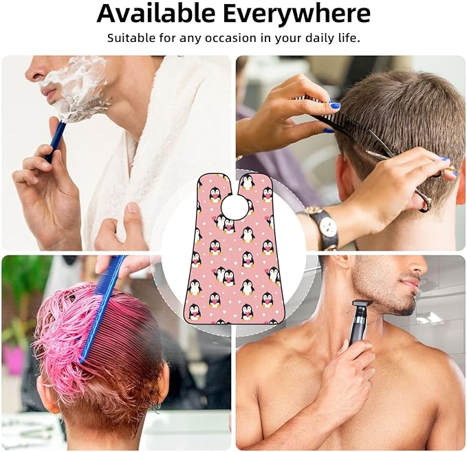Strong Suction Cup Beard Grooming Bib, Non-Stick Hair Catcher, Waterproof, for Shaving, Cute Cartoon Penguin and Heart Pink