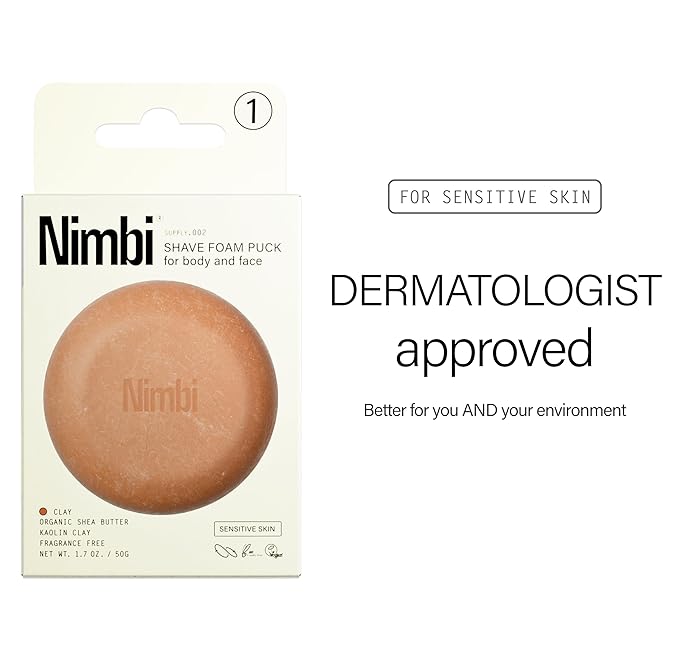 Nimbi Shave Foam Puck Clay, Fragrance-Free Solid Shaving Foam, Face and Body, 48 Uses, Pack of 1.