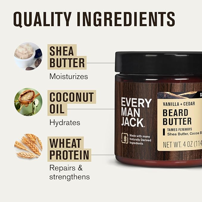 Every Man Jack Beard Butter- Vanilla & Cedar Fragrance - Hydrates and Styles Dry, Unruly Beards While Relieving Itch - Naturally Derived w/Shea Butter & Coconut Oil - 4 oz (2 Pack)