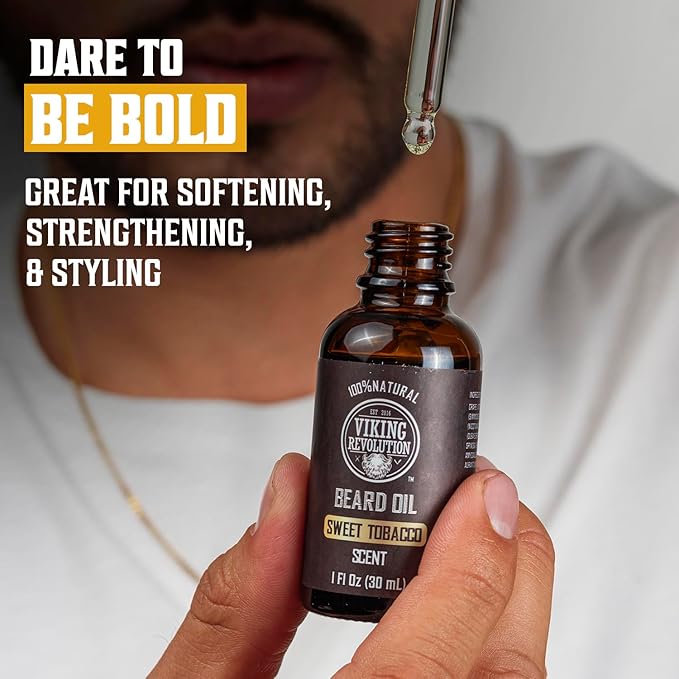 Viking Revolution Sweet Tobacco Beard Oil for Men - Natural Mens Beard Oil with Argan Oil and Jojoba Oil - Beard Softener, Strengthens and Moisturizes - Beard Conditioner for Men (Sweet Tobacco,1Pack)