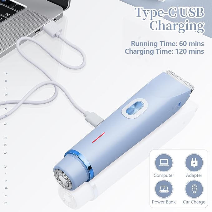 Ladies Electric Razor, 2 in 1 Dual Head Shaver Women, Bikini Trimmer for Women Personal Body Face Leg Arm Hair USB Charge Waterproof Wet and Dry (Blue)