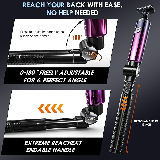 Back Shaver for Men, LED Display, 5 in 1 Mens Back Shaver Rechargeable with Long Handle, Safety Lock, IPX7, Multi-Functional Back Trimmer for Men,(Purple)