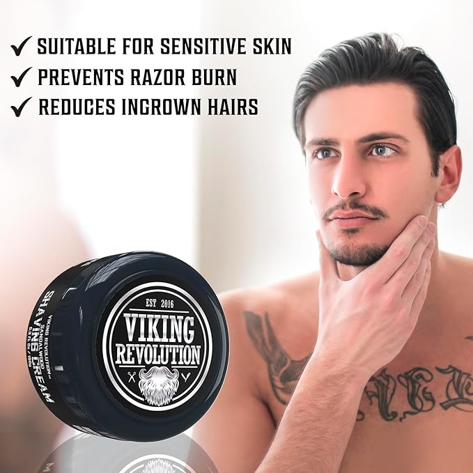 Viking Revolution Luxury Shaving Cream for Men- Sandalwood Scent - Soft, Smooth & Silky Shaving Soap - Rich Lather for the Smoothest Shave - 5.3oz