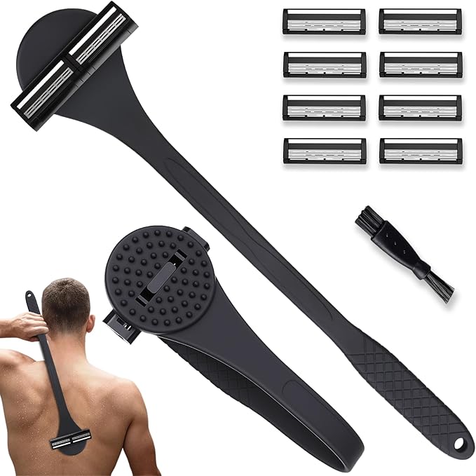 2 in 1 Back Shaver & Massage Cleaning Brush with Bendable Handle, Manual Stainless Steel Razor for Back & Body Hair Removal, Portable Wet Dry Body Groomer with 8 Pcs Replaceable Blades-Black