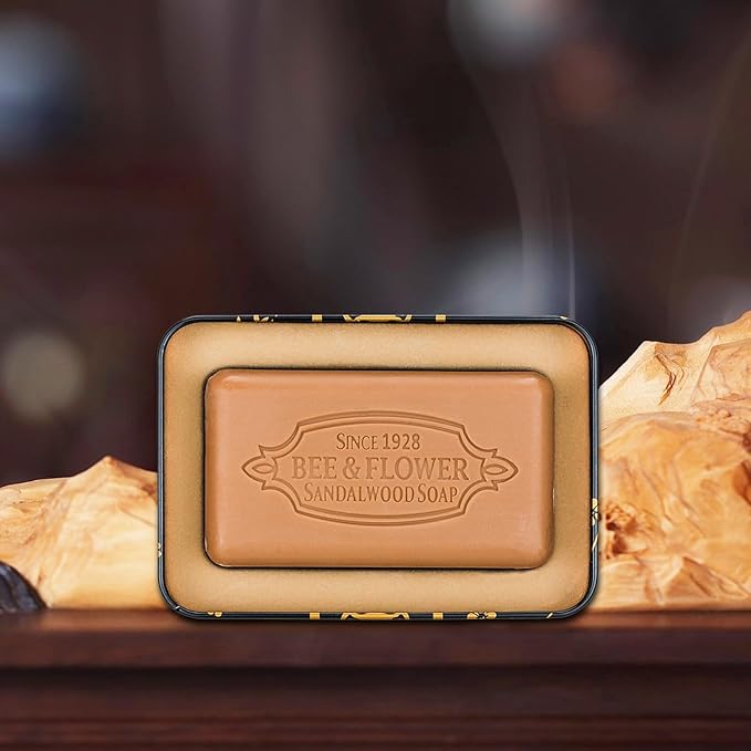 Bee & Flower Soap Bar Sandalwood Soap Gift Tin Box Bath Bar Soaps for Face and Body, Men and Women (5.3 oz)