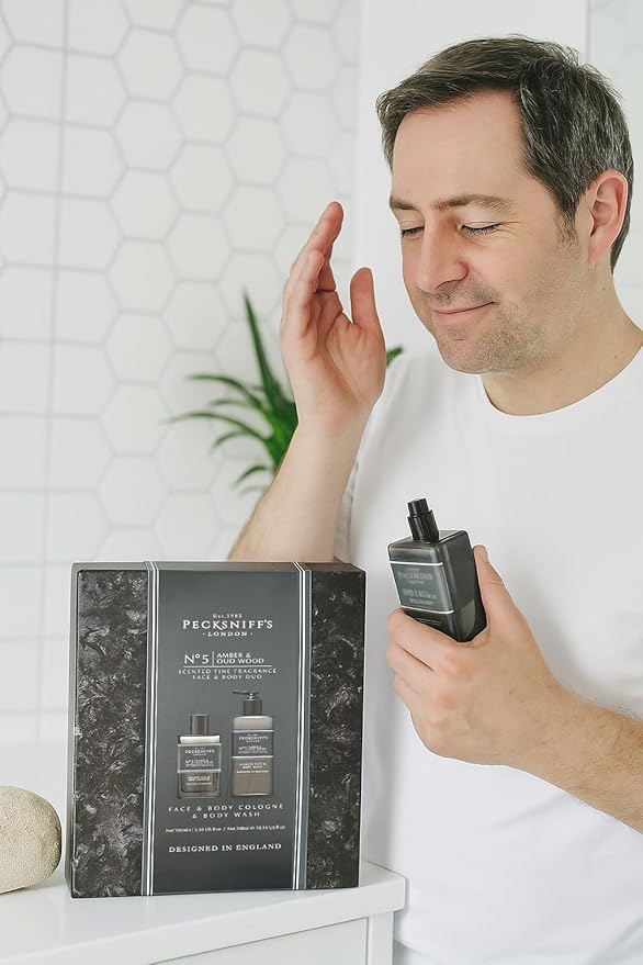 Pecksniff's Face & Body Duo Amber & Oud Wood – Men’s Grooming Gift Set with 100ml Face & Body Cologne and 250ml Body Wash – Luxury Fragrance Collection, Made in England