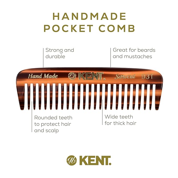 Kent 93T Wide Tooth Men's Comb, for Mustache and Beard ideal for Facial Hair, Small Pocket Sized Travel Detangler Comb, Saw-Cut Hand polished Made in England