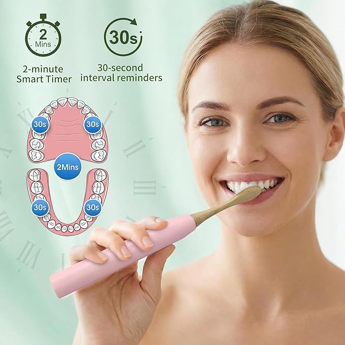 Bamboo Electric Toothbrush丨Rechargeable Electric Toothbrush with 4 Bamboo Heads, Soft Castor Oil Bristles,5 Moedes&3 Intensities, 45 Days Battery Life, IPX7 Waterproof-Pink