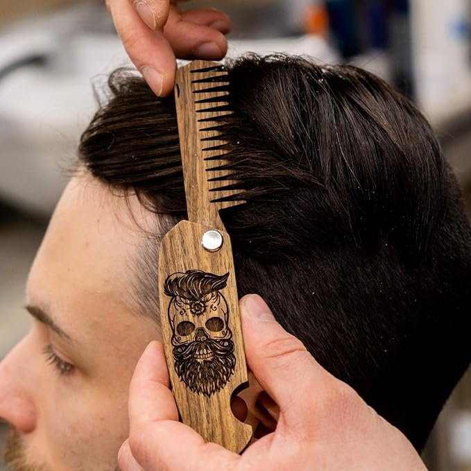 Beard Comb Personalized Gifts Anniversary Gift Wooden Brush Custom Comb Groomsmen Gift Hair Brush Pocket Brush Birthday Gift for Boyfriend (Walnut, Skull)