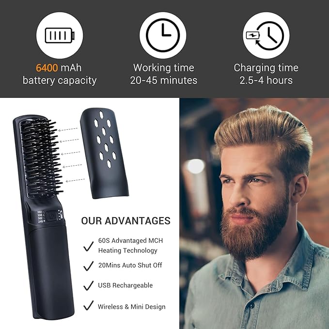 Premium Beard Mini Straightener Brush, Professional Straightener Brush for Men, Rechargeable 6400 mAh Straightening Tool Heated Comb, for Short & Long Beards for Home and Travel