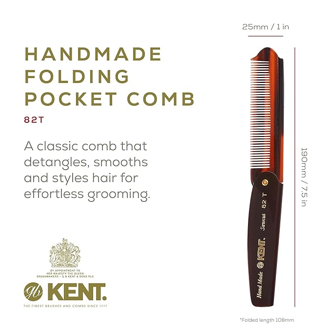 Kent 82T Handmade Folding Pocket Comb for Men, Fine Tooth Hair Comb Straightener for Everyday Grooming Styling Hair, Beard or Mustache, Use Dry or with Balms, Saw Cut Hand Polished, Made in England