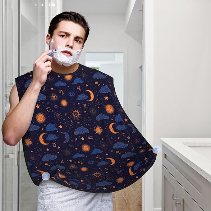 Waterproof Beard Grooming Bib, Magic Constellations Sun Moon Stars Mystical Astrology Shave Bib, Non-Stick Hair Catcher for Shaving Trimming, Apron Essential for Men Dad