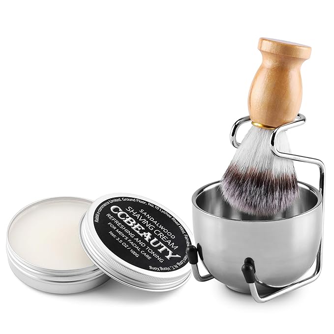 CCbeauty Mens Shaving Brush and Bowl Set, 4 in 1 Badger Shave Brushes Kit with Stainless Steel Bowl & Soap Mug, Safety Razor Stand, Birthday Boyfriend Dad Gifts Set for Men, Shaving Cream 3.5Oz