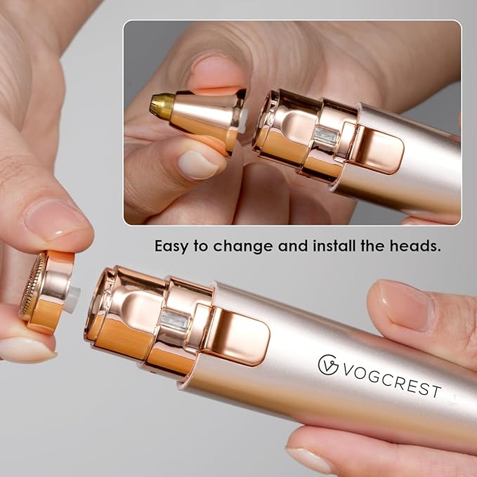 VG VOGCREST 2 in1 Eyebrow Facial Trimmer with Replacement Heads - Rechargeable Facial Hair Removal and Eyebrow Shaver - Face Lips Body Painless Facial Razor with Built-in LED Light (Rose Gold)