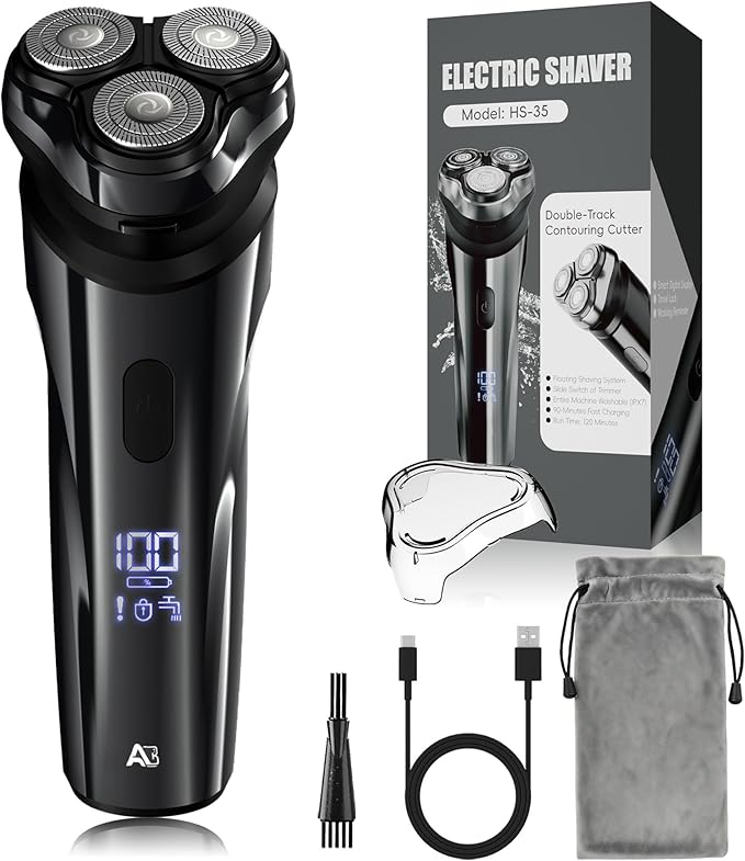 Electric Rechargeable Shaver for Men,Wet & Dry Electric Razor, IPX7 Waterproof Rotary Shaver for Men,4D Floating Head, LED Display,Type-C, Travel-Friendly, Black