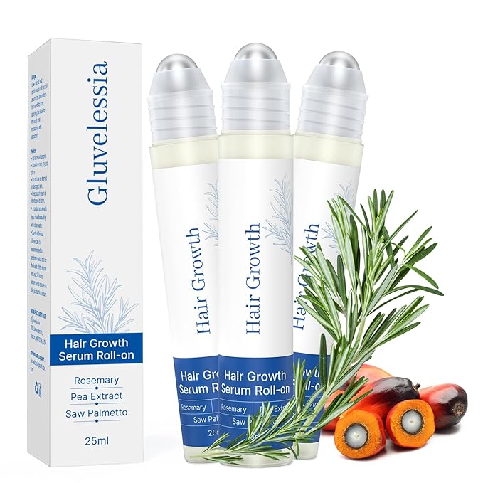 Hair Growth Serum Roll On with Rosemary，Helps Support Thicker, Fuller Hair Appearance，Clean, Non-Greasy Hair Loss Support for Men & Women，Saw Palmetto，0.84 Fl Oz (Pack of 3)