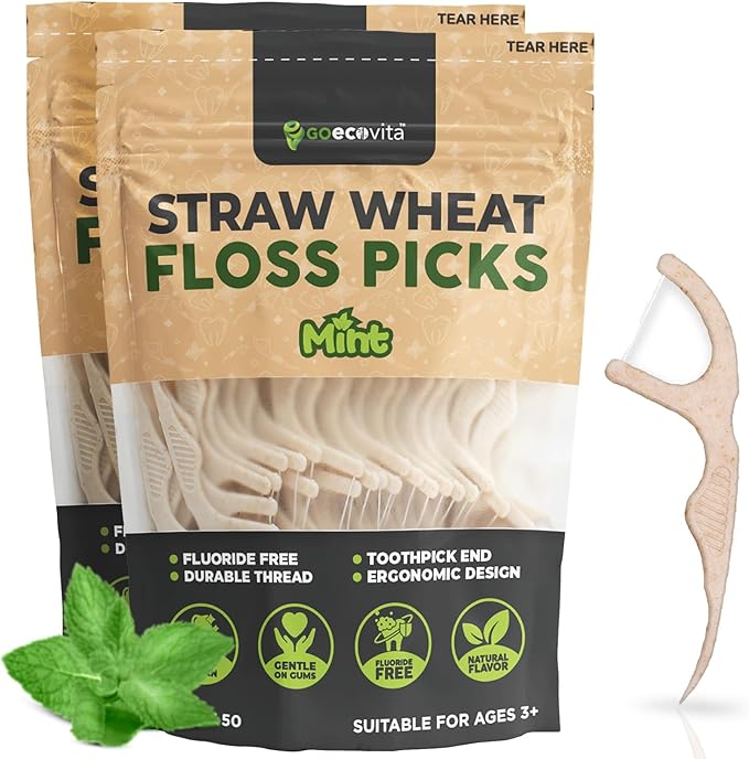 Dental Floss Picks - Straw Wheat Blend Flossers | Shred-Resistant & Thin Thread for Tight Gaps | Toothpick Sticks for Adults | Gentle on Gums & Teeth (100 Pack, Mint)