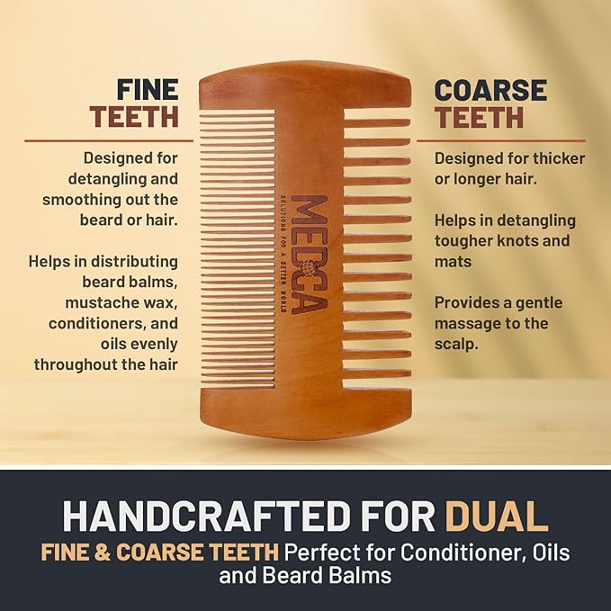 Wooden Beard Comb for Men - Pack of 2, Handcrafted Solid Beechwood Beard Combs, Mustache and Head Hair Pocket Comb with Leather Case - Dual Action Fine & Coarse Teeth