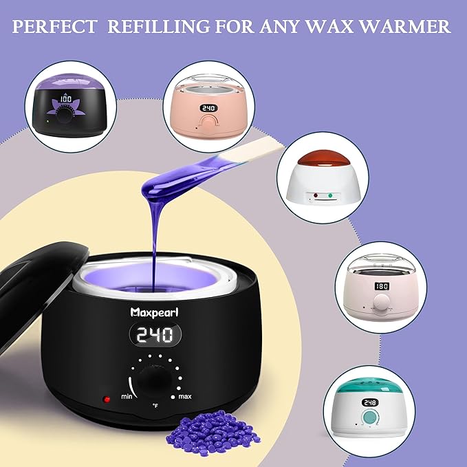Maxpearl 2.5LB Hard Wax Beads for Hair Removal, Natural Lavender Formula - Brazilian Waxing, Sensitive Skin, Face, Underarms, Legs, Back, Chest and More, with 20 Wax Sticks, Purple