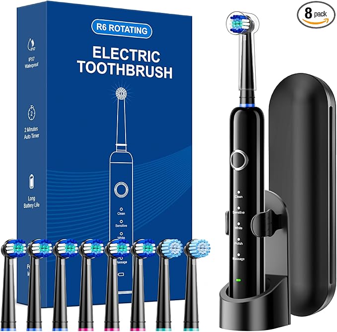 Rotating Electric Toothbrush for Adults, 8 Brush Heads (2 Types) & Travel Case, 5 Cleaning Modes Rechargeable Power Toothbrush with 2-Minute Smart Timer, Black