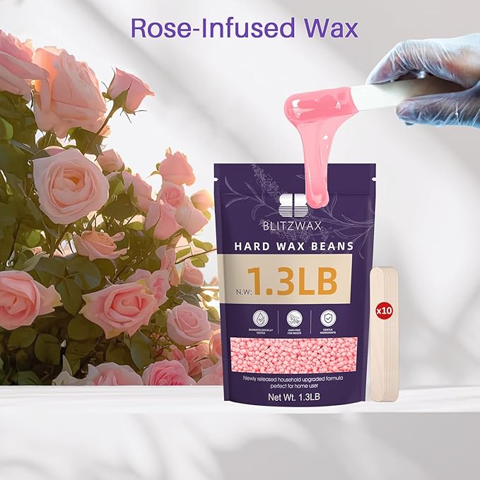 BLITZWAX Rose Wax Beads for Hair Removal 1.3lb Hard Wax Beans for Sensitive Skin, with 10 Wooden Sticks for Bikini, Face and Brazilian, Suitable for Women Men at Home Salon