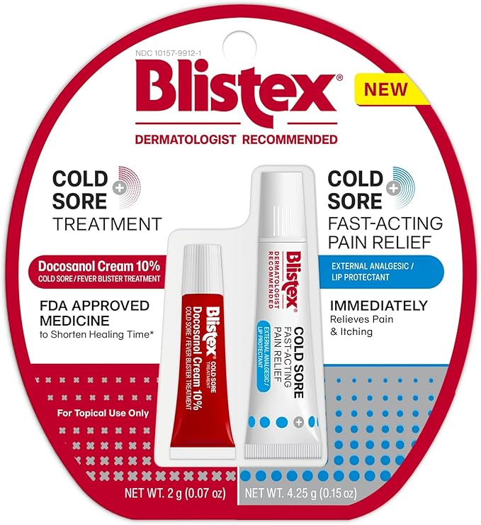 Blistex Cold Sore Kit – Cold Sore/Fever Blister Treatment Docosanol Cream 10% Shortens Healing Time (2g/0.7oz) – Fast-Acting Pain Relief Cream with Maximum Strength Lidocaine (4.25g/0.15oz)