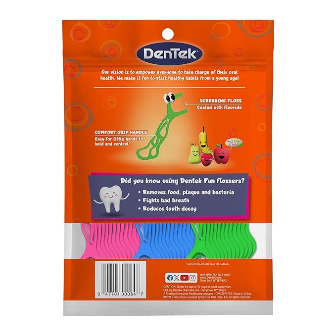 DenTek Fun Flossers – Kids Floss Picks with Wild Fruit Flavor, 90 Count
