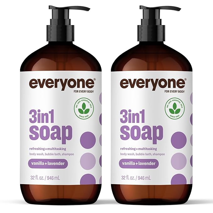 Everyone 3-in-1 Soap, Body Wash, Bubble Bath, Shampoo, 32 Ounce (Pack of 2), Vanilla and Lavender, made with Essential Oils for Men and Women