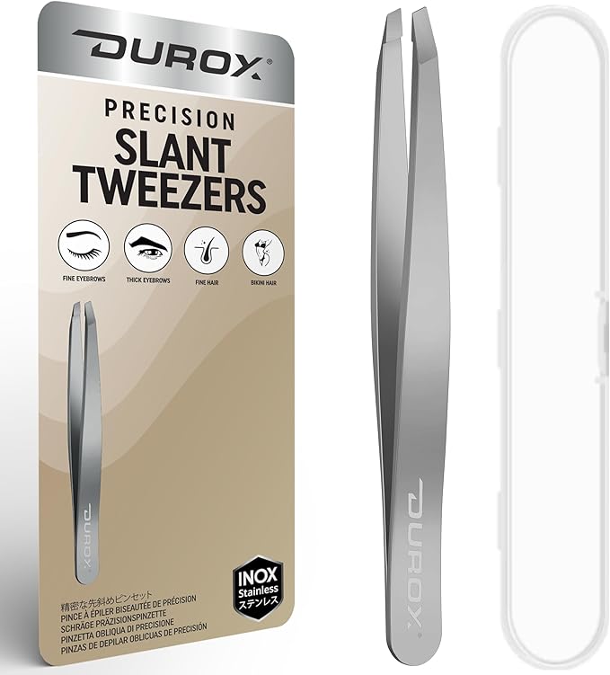 DUROX Precision Tweezers for Eyebrows – Slant Eyebrow Tweezers for Women and Men, Made of Stainless Steel with Fine Slant Tips for Eyebrow and Hair Removal