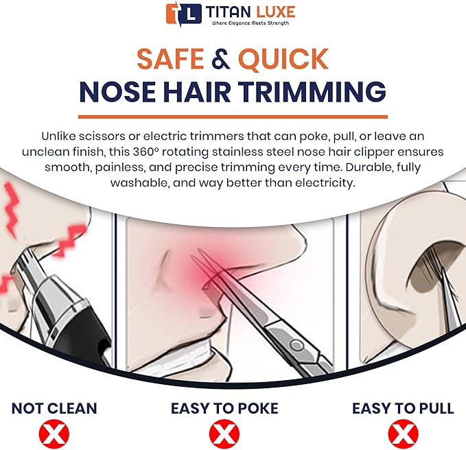 Stainless Steel Hair Trimmer for Men and Women | Manual Nose and Ear Hair Trimmer | Nose Clippers, 360° Rotating Hair Trimmers | Washable Nose Hair Remover | Black