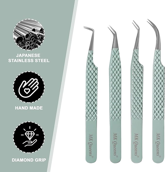 Fiber Tip Lash Tweezers for Eyelash Extensions with Diamond Grip, Set of 4 Precise Tips Japanese Steel for Classic, Volume & Mega Volume Lashes, Ideal Tweezers Set for Lash Artists (4, Light Green)