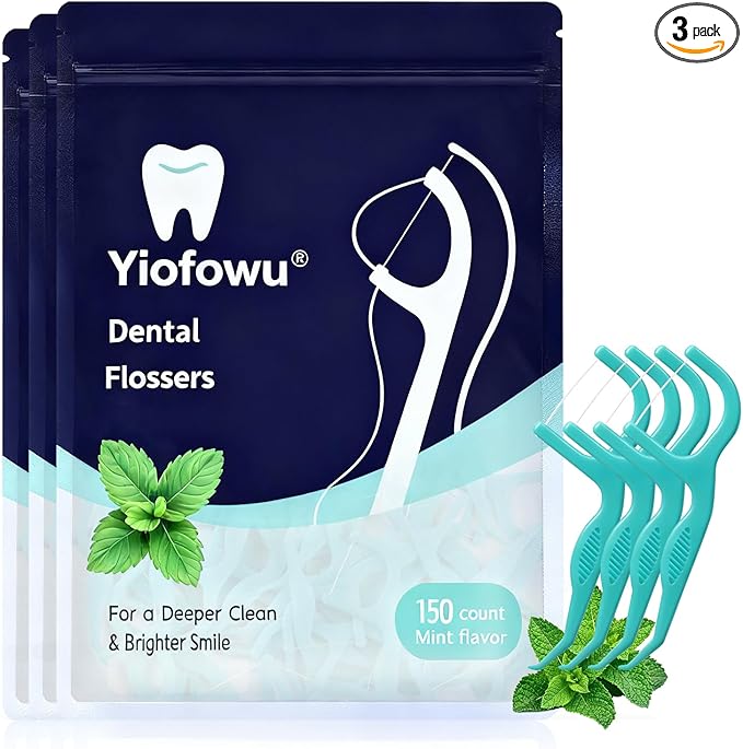Dental Flossers, Teeth Flossers, 3 Pack of 150 Picks, Floss Picks, Minty Flavor, Recycled Plastic, Super Strong Thin Floss, Tight Teeth, Toothpicks, Gentle on Gums & Teeth