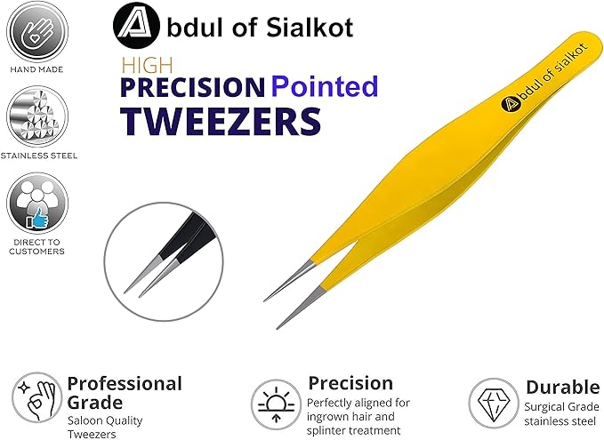 Pointed Tweezers,Needle Nose Tip, Sharp Precision Ingrown Hair, Surgical Pointed for Blackheads & Splinters/Best Tweezers for Eyebrows (Yellow)