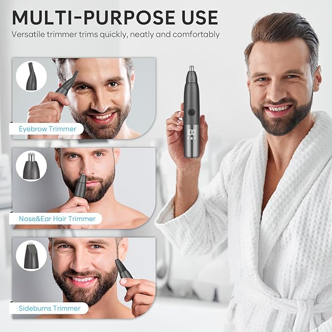 Candofly USB Rechargeable Nose Hair Trimmer for Men - 3 in 1 Ear & Nose Hair Trimmer Eyebrow Clipper with LED Display, IPX7 Waterproof Mens Grooming Kit
