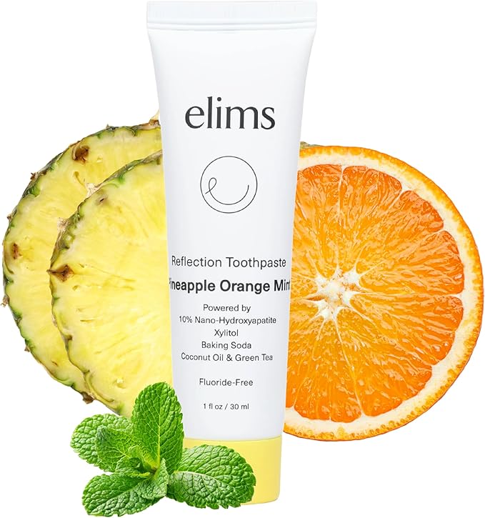 ELIMS Travel Size 10% Nano-Hydroxyapatite Toothpaste Fluoride Free - Xylitol Remineralizing Toothpaste for Whitening Sensitive Teeth - Orange Pineapple Mint Toothpaste for Adults & Kids 1oz
