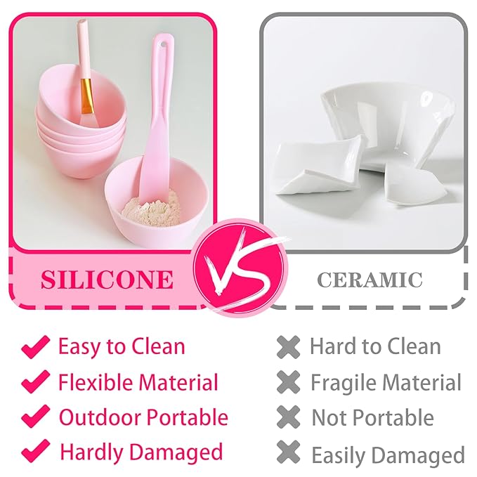 7Pcs Silicone Facial Mask Bowl DIY Face Mask Mixing Bowl for Home Salon Spa Face Skin Applicator Bowl, Pink