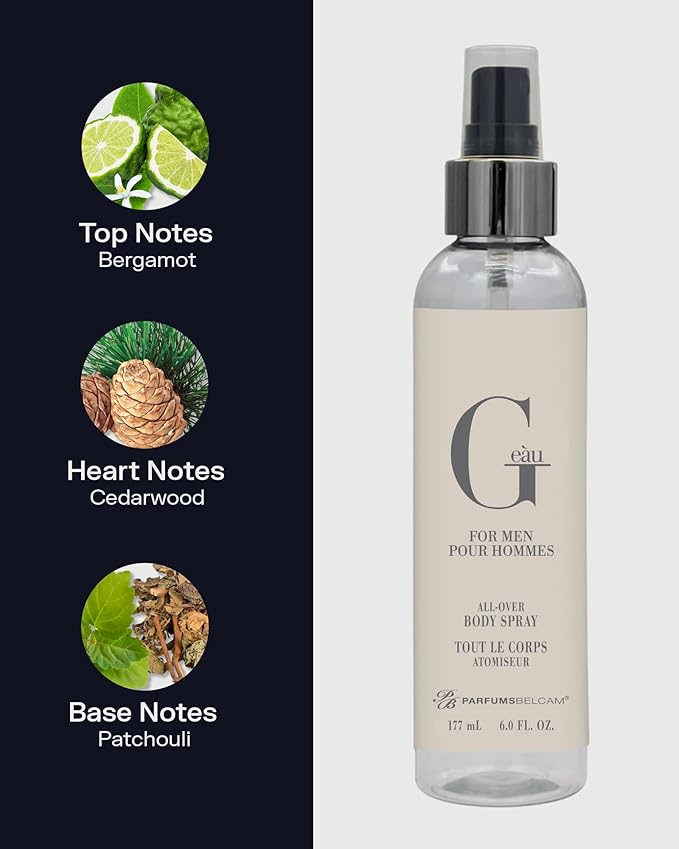 PB ParfumsBelcam G eàu All Over Body Spray for Men – Fresh Chypre Scent with Bergamot, Cedar & Patchouli – Lightweight, Refreshing Body Mist for Daily Wear, Everyday Fragrance Spray, 6.0 Fl Oz
