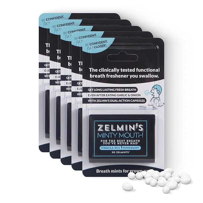 Zelmin's Minty Mouth Breath Freshener - (5 Pack) Long Lasting Bad Breath Treatment for Adults, Instant Freshness Helps with Dry Mouth, Natural Breath Mints for Travel, Alcohol-Free, Keto, Gluten-Free